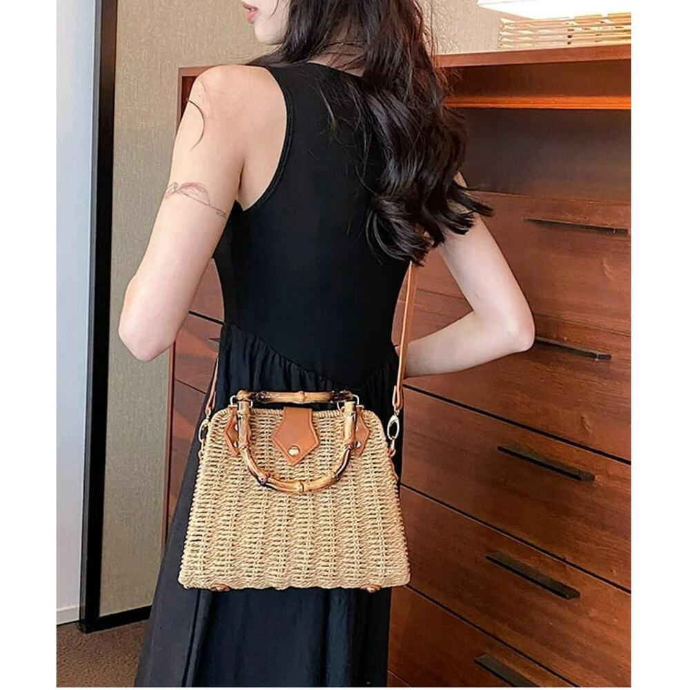 Straw Rattan Handbag Women Khaki Light Top Handle Crossbody Summer Beach Bag - Picture 5 of 9
